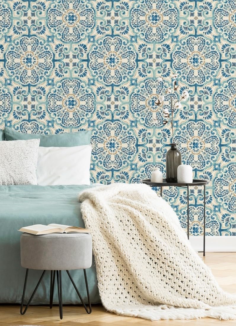 Papier peint vinyle bleu GAULAN 679626 avec rosaces arabes de 10 m x 0,52 m