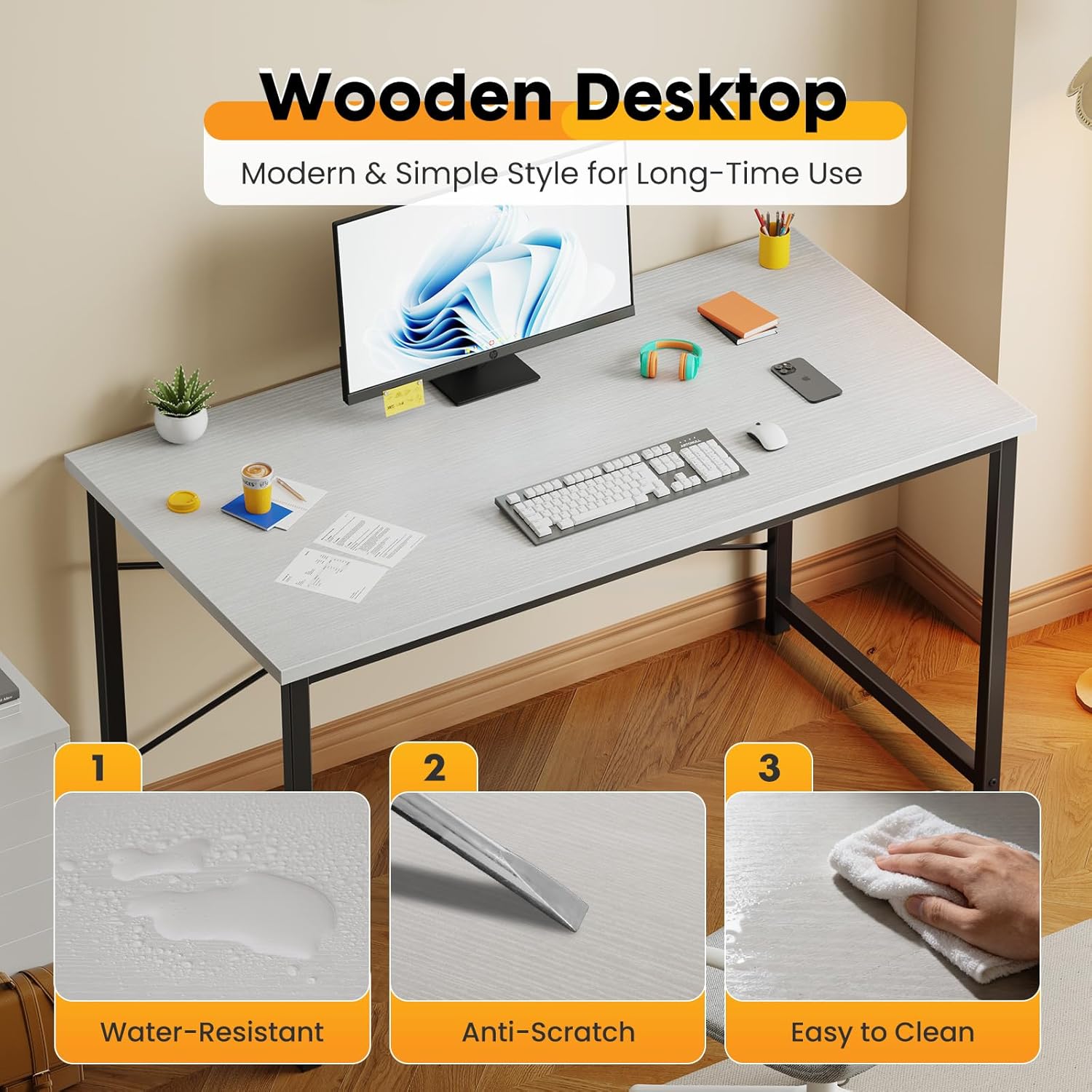 NEWBULIG 47.2” Computer Desk, White Office Writing Desks Compact Study Table Student Bedroom Home Work PC Workstations with Metal Frame Wood Tabletop Small Spaces