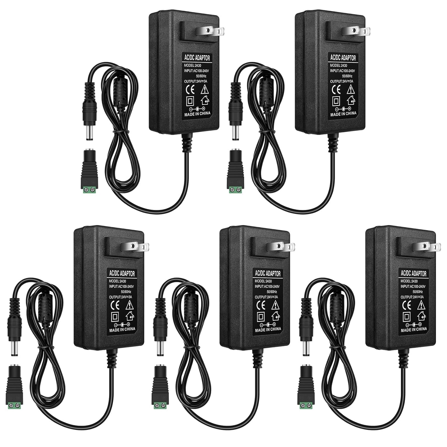 inShareplus 5 Pack 24V 3A Power Supply, AC 100-240V to DC 24 Volt 72W LED Driver, Low Voltage Transformer with 5.5mm x 2.1mm DC Plug, Wall Plug Adapter for 24V LED Strip Light