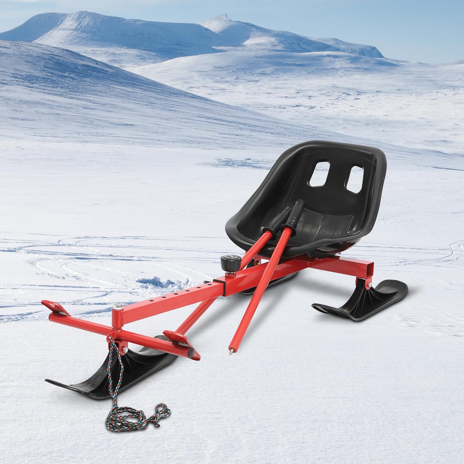 Snow Racer Scooter, Retractable Pull Rope Ski Scooter, Now and Ice Skate for Outdoor Sports, Ice Skating Red+ Black