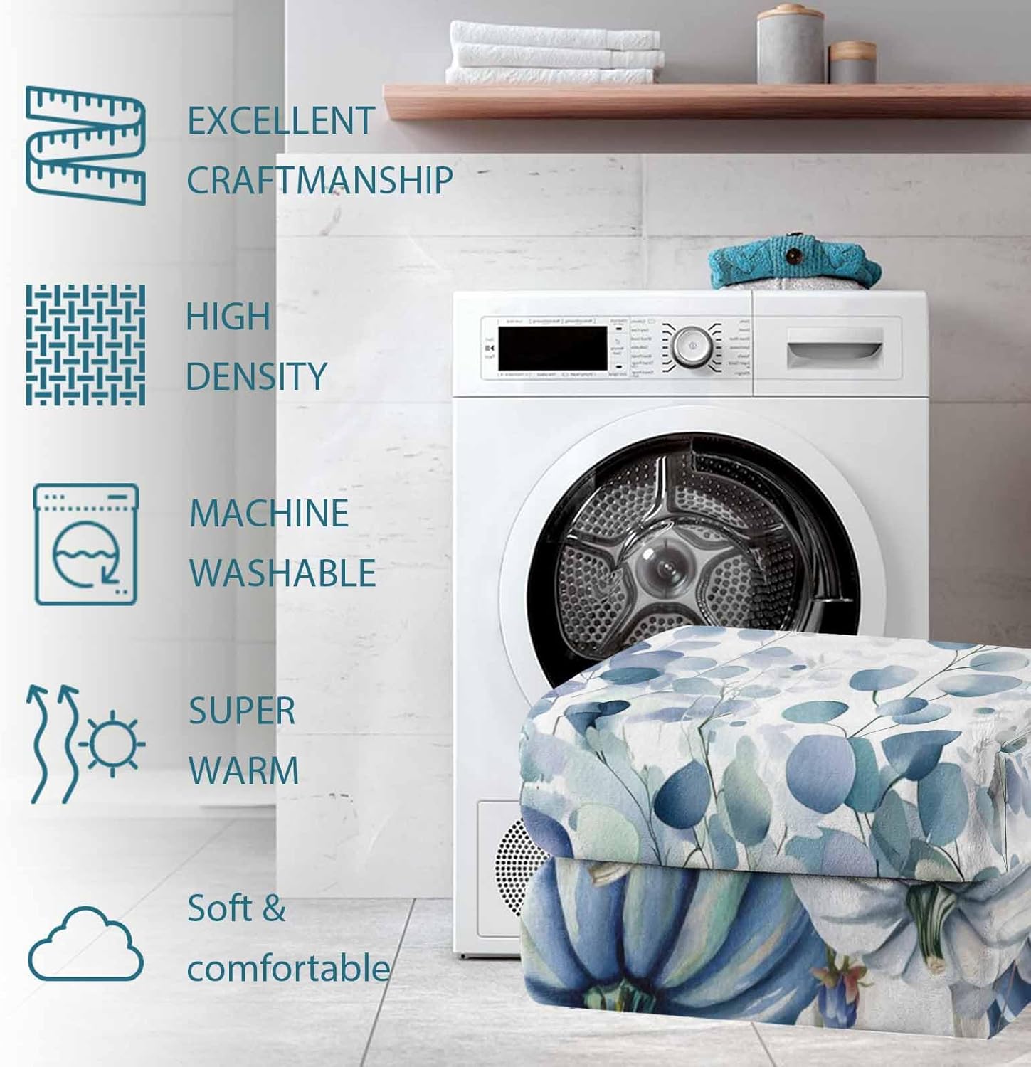 Blue Pumpkin Fall Blanket 50" x 60", Thanksgiving Eucalyptus Leaves Flannel Fleece Microfiber Cozy Soft Throws for Women, Farmhouse Botanical Lightweight Throw Blankets for Couch, Living Room, Bedroom