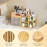 Vista 4 de Organizador de Maquillaje Grande para Encimera de Tocador, Organizadores de Encimera de Baño de Bambú y Almacenamiento, Organizador de Cosméticos