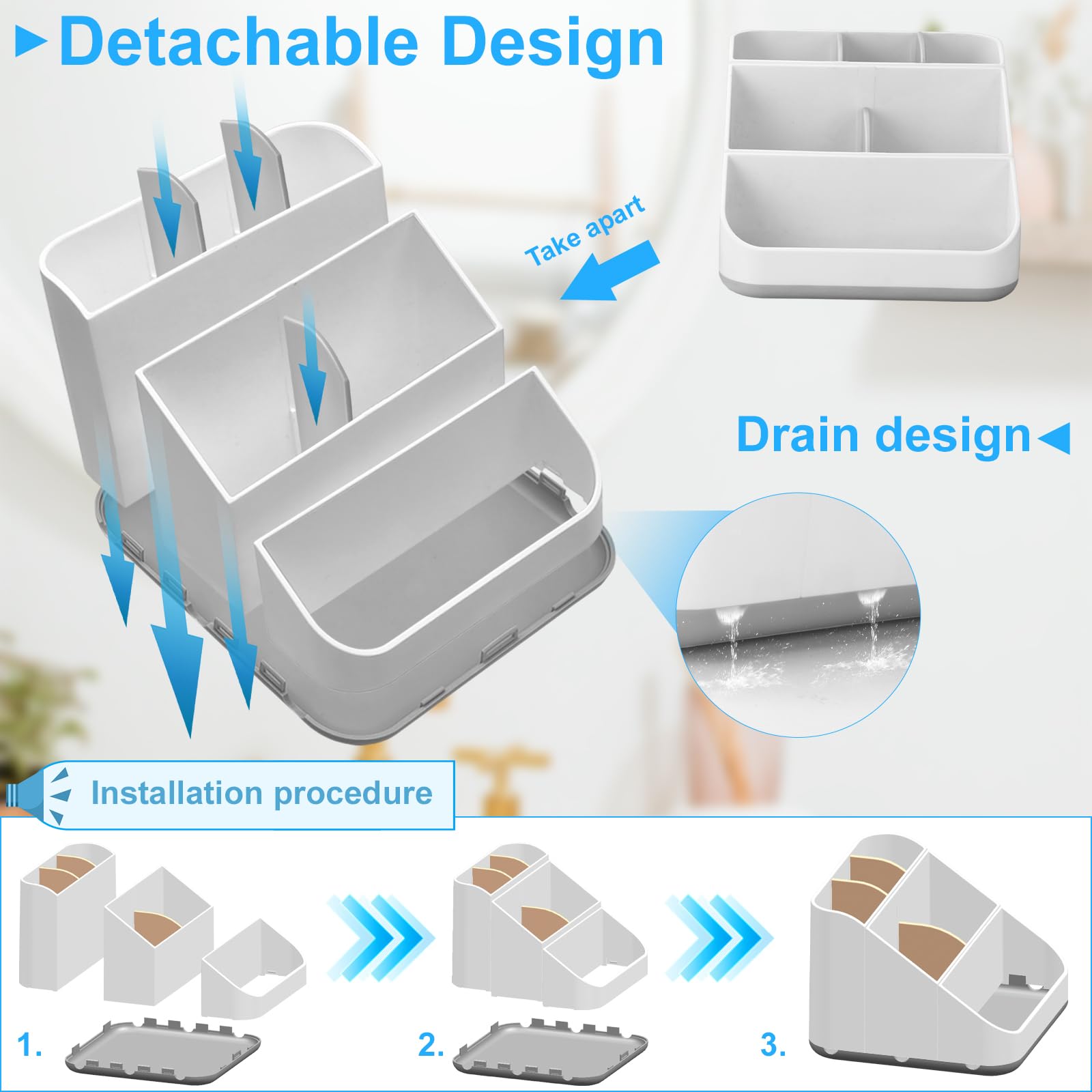 Soporte para cepillo de dientes para baño, desmontable para una fácil limpieza, organizador de almacenamiento multifuncional para encimera, 6 ranuras para cepillo de dientes eléctrico y pasta de
