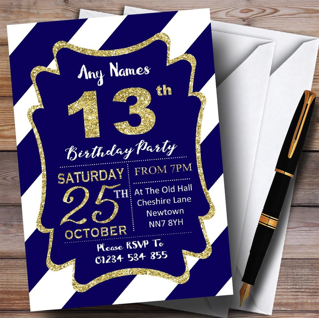 Blue White Diagonal Stripes Gold 13th Personalized Birthday Party Invitations