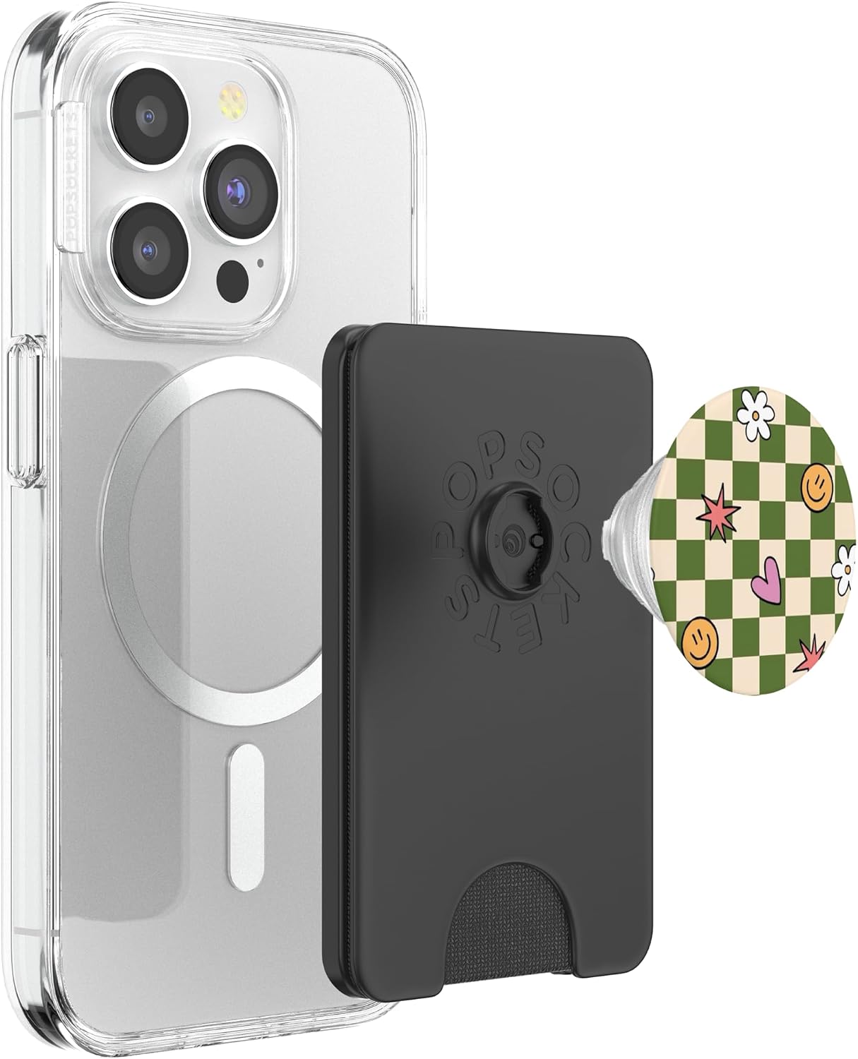 Green Checker Cute Doodle Pattern PopSockets PopWallet for MagSafe