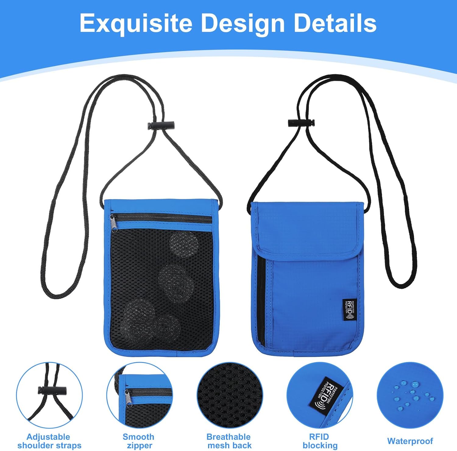Travel Neck Wallet, 5.5" W x 7.9" L RFID Blocking Passport Holder Organizer Security Lightweight Neck Pouch with RFID Blocking for Women Men(Blue) - Image 4