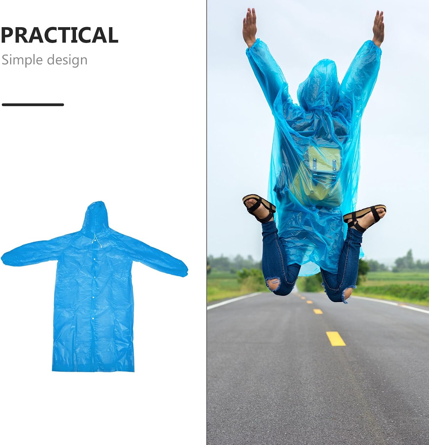 Blue Sleeved Rain Poncho for Adults, PEVA Waterproof Emergency Raincoat with Full Coverage, Protective Rain Jacket for Outdoor Use