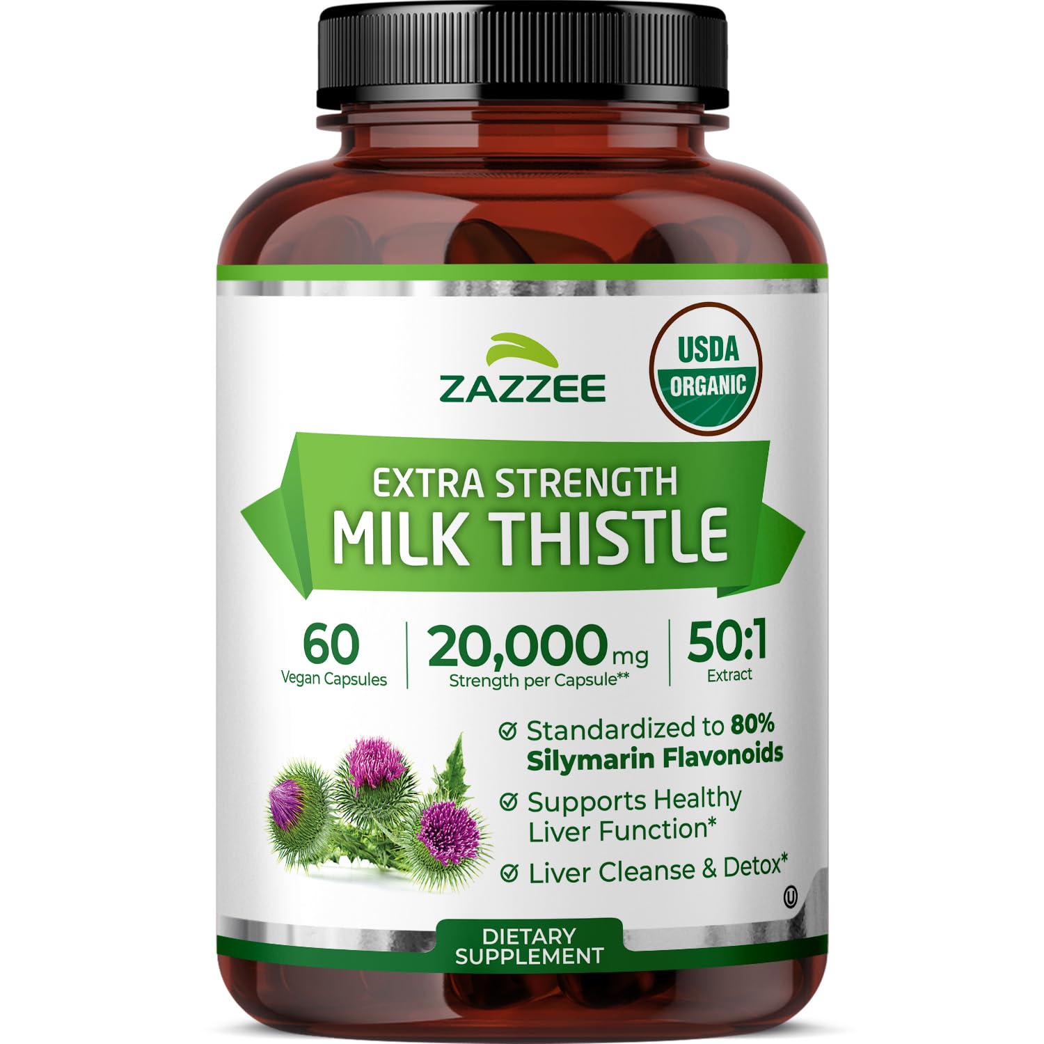 Zazzee USDA Organic Milk Thistle 50:1 Extract, 60 Vegan Capsules 60 Count (Pack of 1)