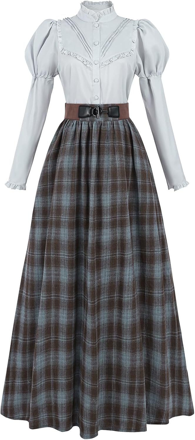 LTAKK Victorian Dress for Women Plaid Edwardian Renaissance Dresses Vintage Tartan Skirt