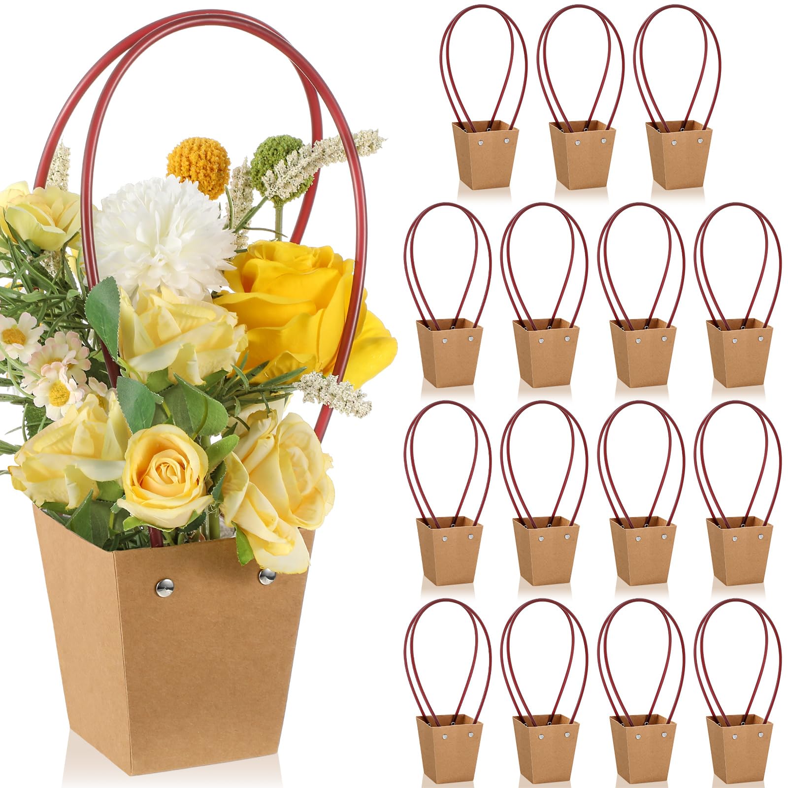 Photo 1 of Gilprop 15 Packs Bouquet Bag Kraft Paper Flower Gift Bags with Handle Bouquet Bag Box with Waterproof Lining for Birthday Wedding Party Favors (11.8 x 3.5 x 2.5 Inch,Brown)