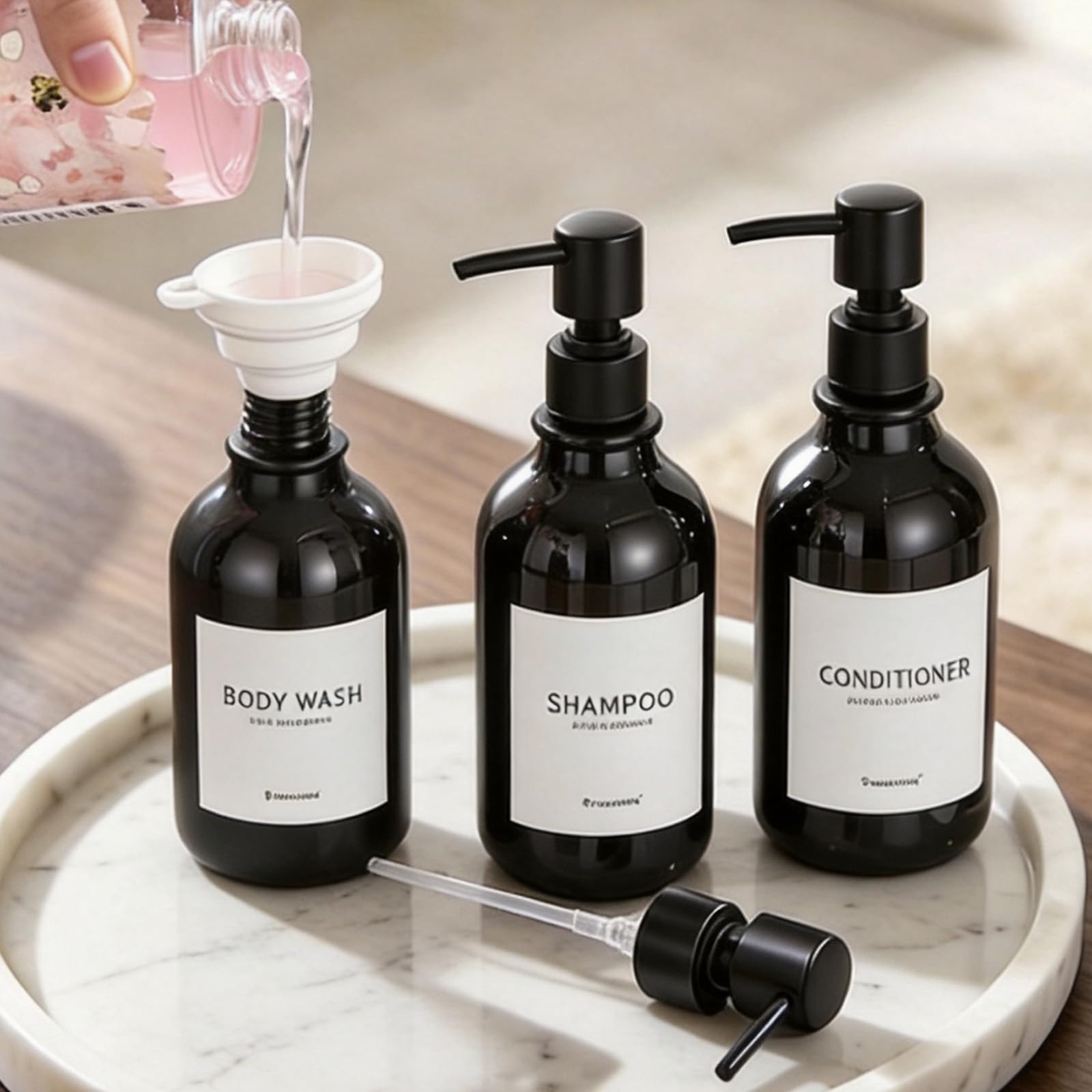 MODUNFUL Hand and Dish Soap Dispenser Set of 3 for Kitchen & Bathroom, Black Light Bottle & Black Pump, 3 Pcs - Image 4