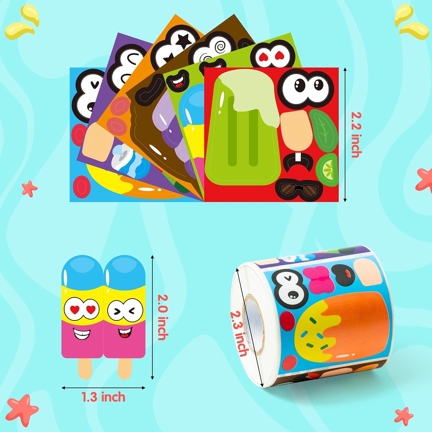ANGOLIO 300PCS Summer Back to School Ice Cream Making Face Sticker Scene Roll Watermelon Chocolate Dessert Decals DIY Summer Sticker for Holiday Party Favors Classroom Rewards Activities Supplies