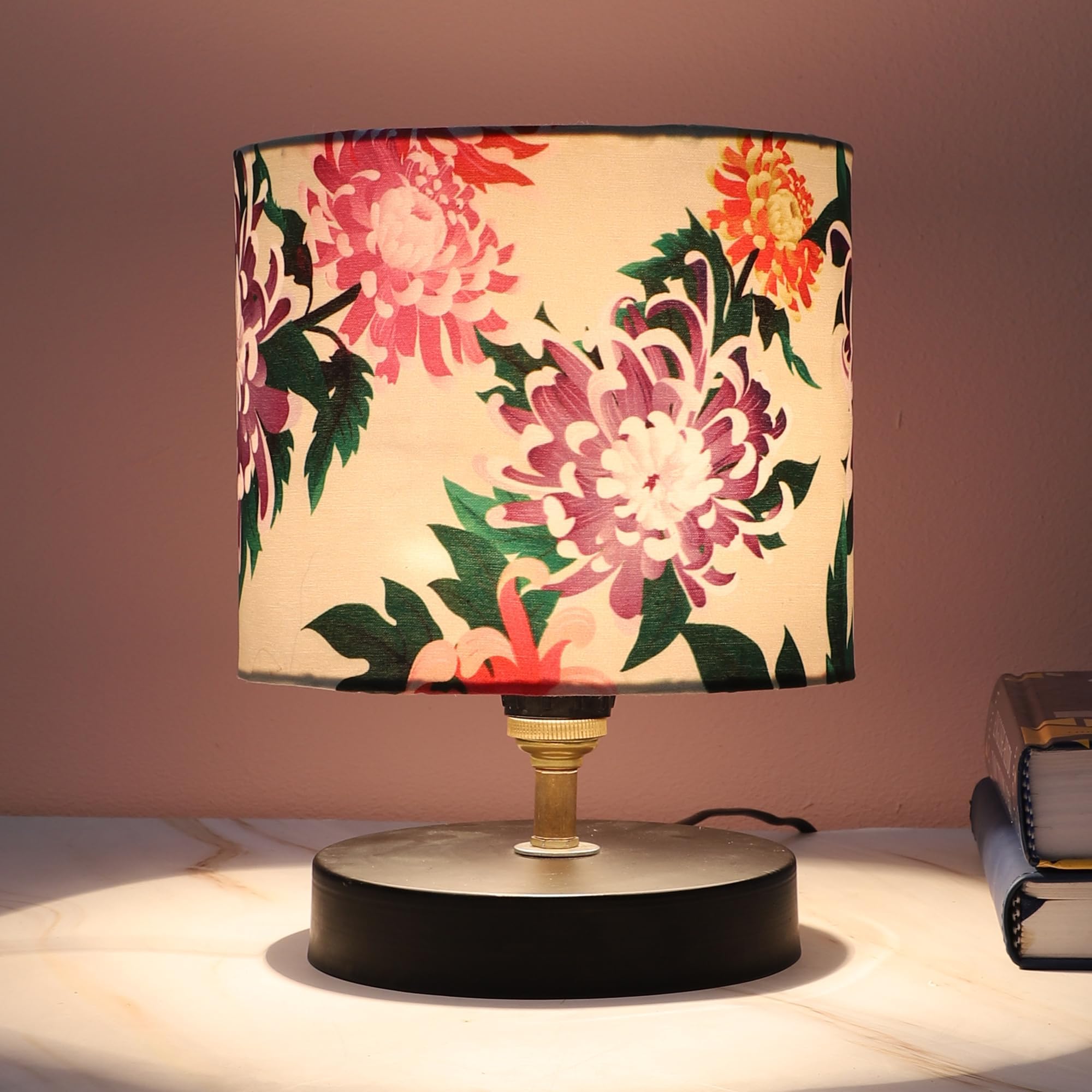 tu casa Black Metal Base with Carnation Print with Satin Shade Table Lamp for Home Decoration Bedroom Living Room Lounge Office Festival Gifting Study Table H - 9" / No Blub