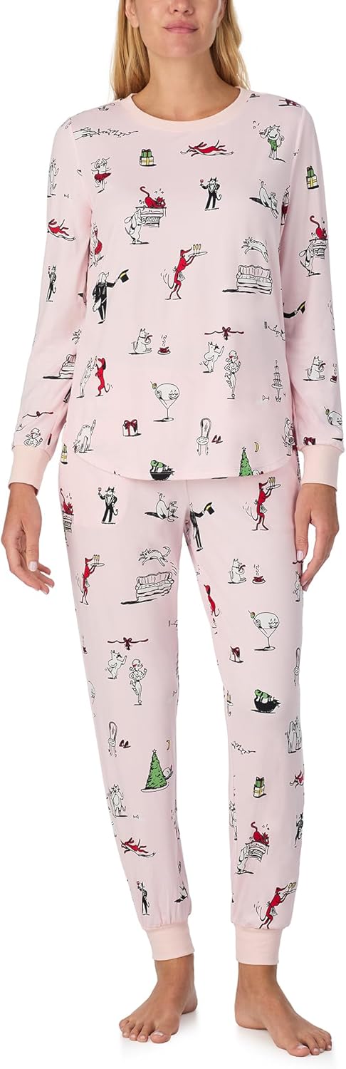kate spade new york Women's 2-Piece Long Sleeve Crew Neck Top & Jogger Pants Pajama Lounge Set, Velour, Drawstring Waist