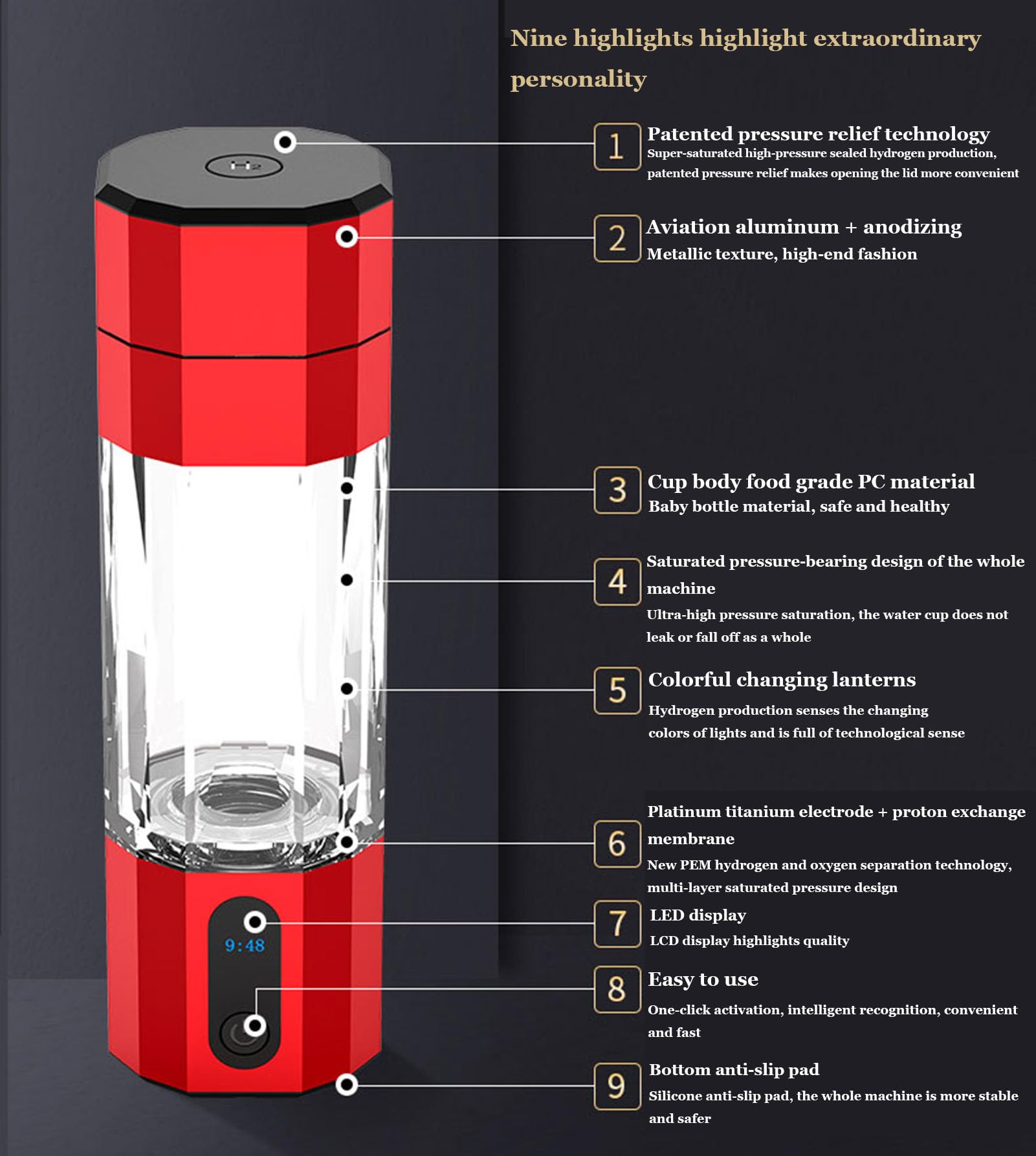 Générateur de Bouteille d'eau d'hydrogène, générateur d'eau Multifonctionnel d'hydrogène, générateur d'eau d'hydrogène à Haute Concentration 8000PPB, à la Maison et en Voyage