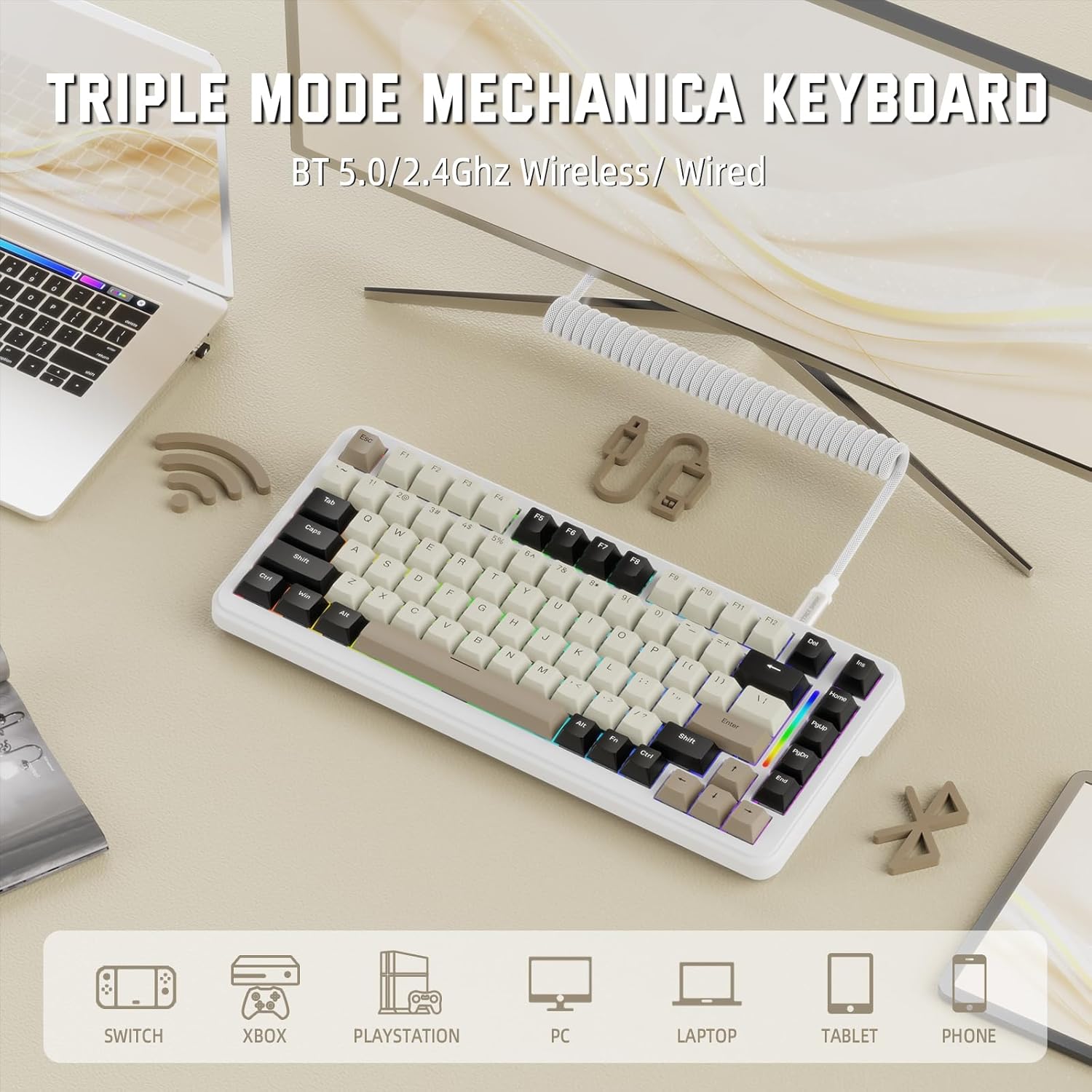 ATTACK SHARK M86 Wireless Mechanical Keyboard, 75% Layout Gasket Custom Structure,Hot Swappable,RGB Backlit,Pre-lubed Linear Switches,Tri-Mode BT5.0/2.4GHz/USB-C Keyboard for Win/Mac with Coiled Cable