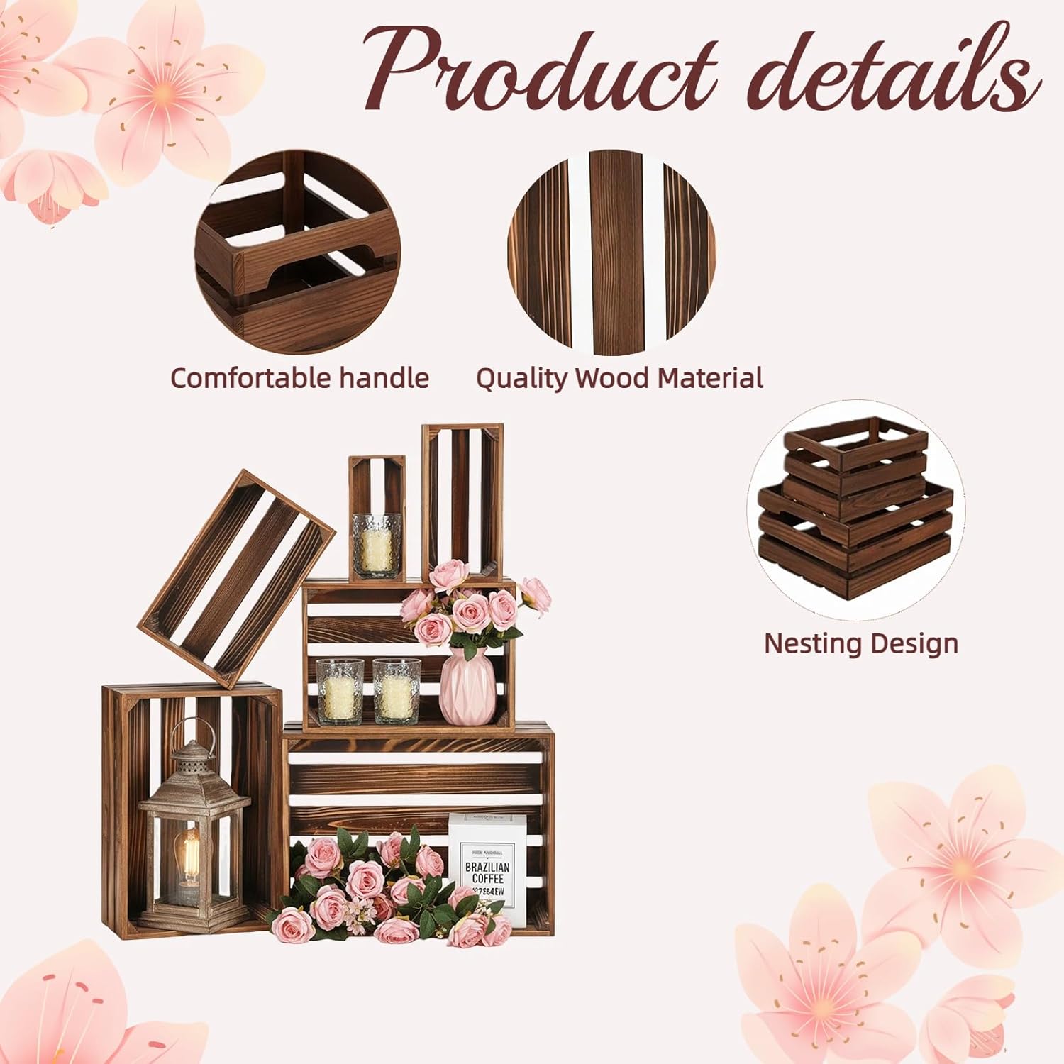 Set of 6 Decorative Wood Crates for Display, 6 Size Farmhouse Wooden Baskets Rustic Nesting Crates Decor Boxes with Handle for Storage, Container, Display, Christmas Decorations