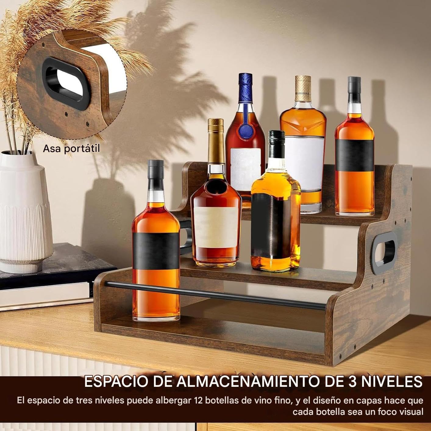 Mensola Espositiva Per Bottiglie Da Bar Espositore Vintage In Legno A 3 | Portavino Da Banco Casa Cucina Club Caffè Bevande Cosmetici Collezionisti Occasioni