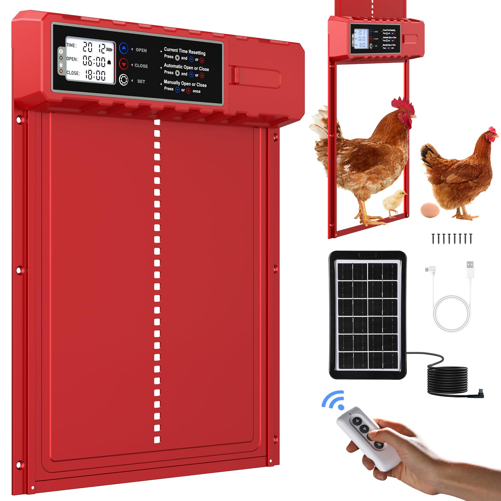 Automatische Hühnerklappe Solar in XL großer Größe 27,5 x 36 cm, Rote Hühnerstall mit USB-C-Ladung und 3 Modi, Antiklemmschutz und Wetterfestem Aluminiumlegierung