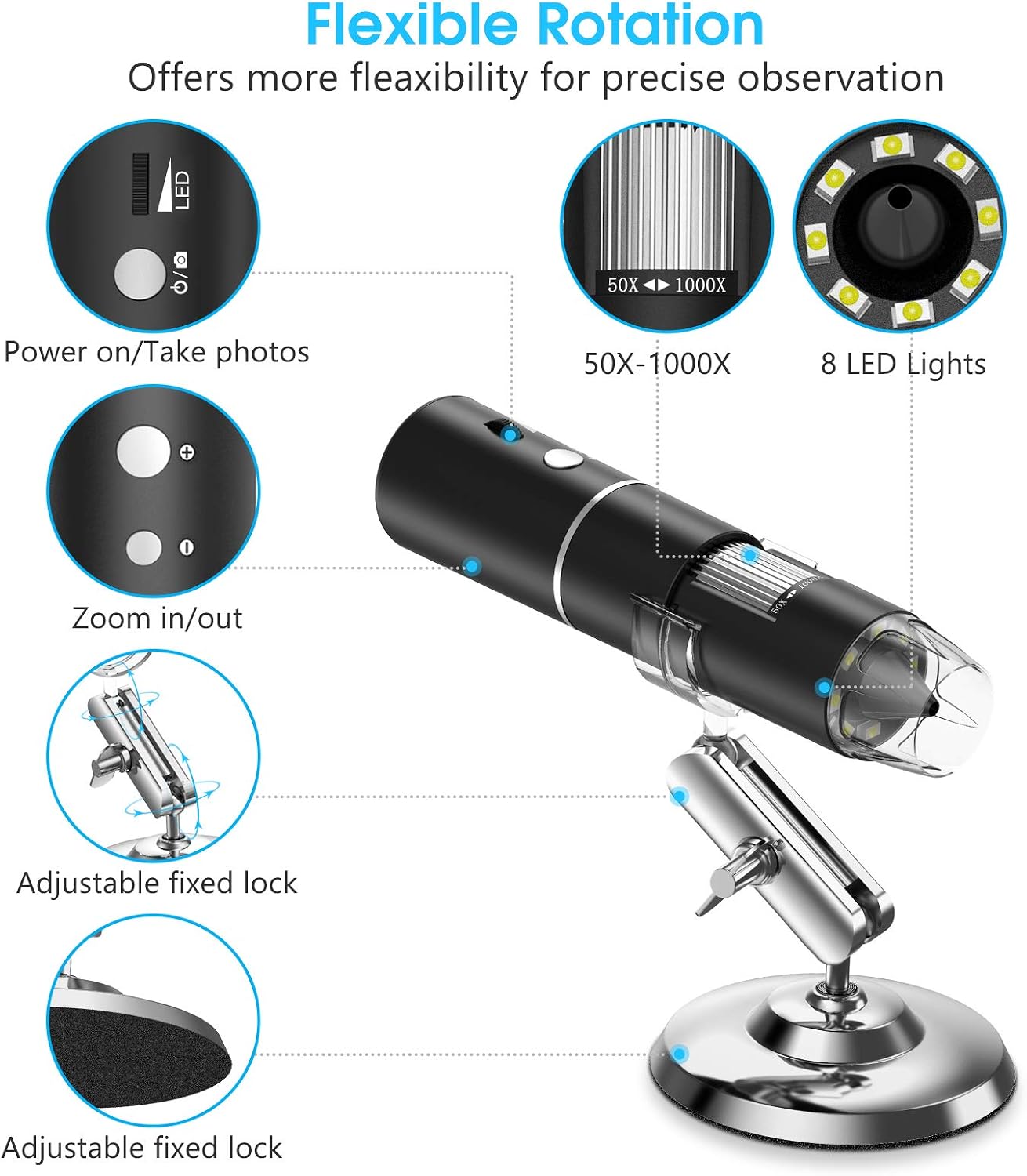 Wireless Digital Microscope VITCOCO 1080P HD 2MP 8 LED USB Microscope, 50X to 1000X WiFi Zoom Magnification Handheld Endoscope Compatible with Android and iOS Smartphone or Tablet, Windows Mac