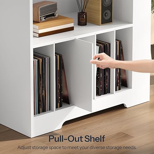 Miniatura 5 de HOOBRO Soporte grande para tocadiscos con estación de carga y luces LED, gabinete de almacenamiento de discos de vinilo con tira de luz de 21