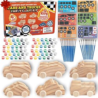 SCSDirect Kids 3D Wood Car Painting Craft Kits (12 Pack) - Taxi, Trucks, Ambulance & More w/ Paints, Brushes, Stickers - Party Favors & Valentine's Gifts