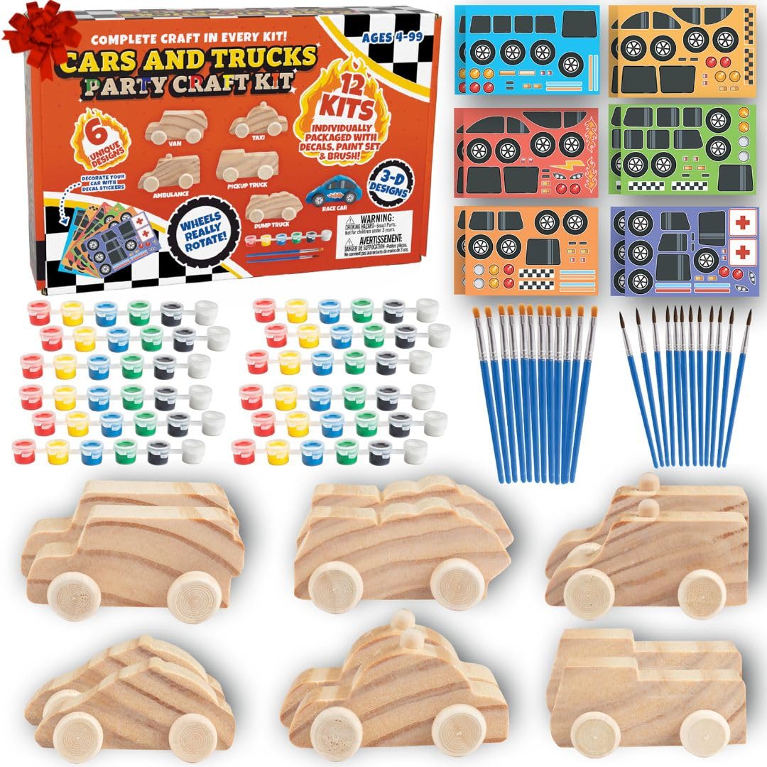 Kit de peinture sur bois pour enfants (12 carats) Voitures 3D – Chaque kit a son propre pinceau, peinture et figurine – 6 motifs incluent taxi, camions et plus avec autocollants personnalisables en