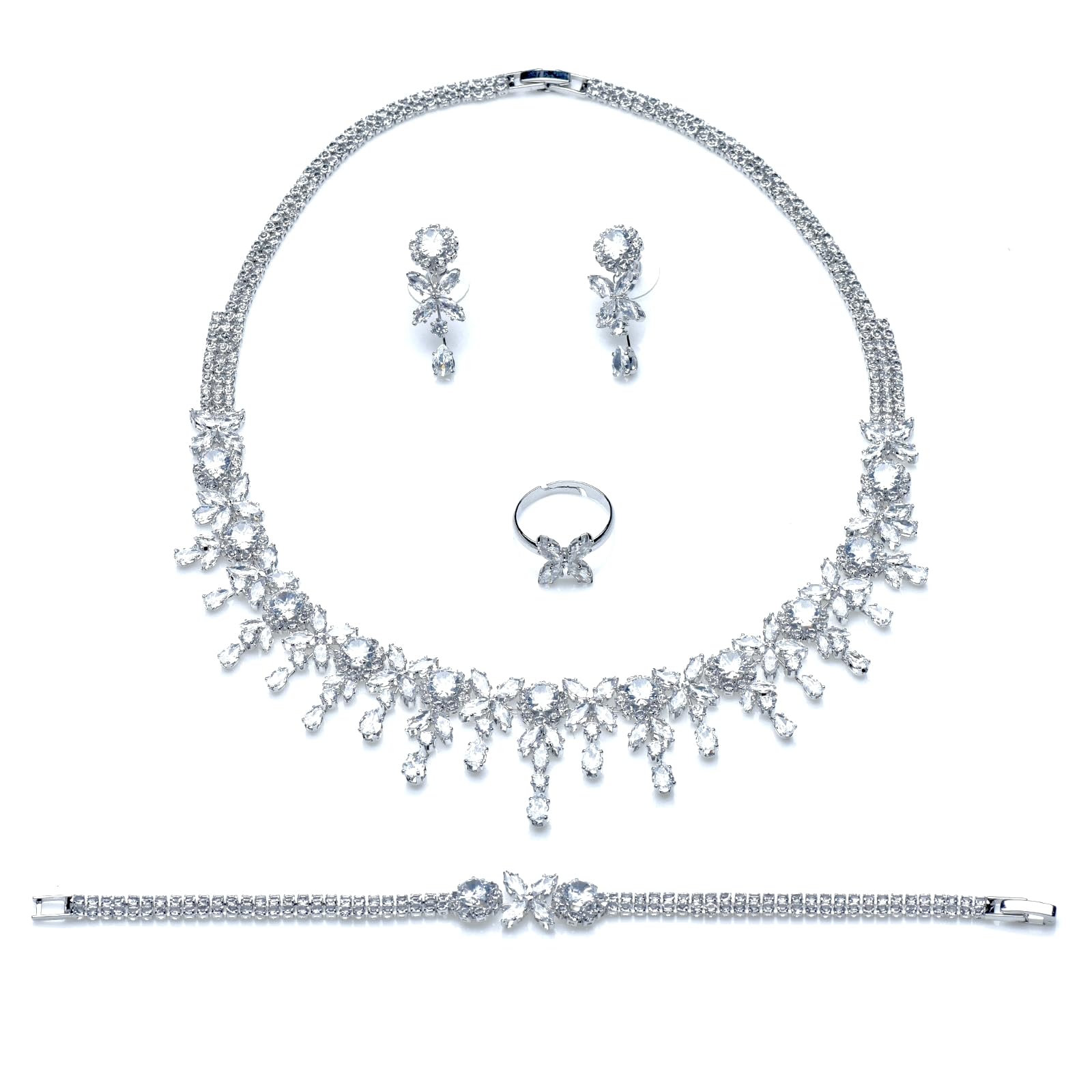 Jewellery Set for Women, Necklace Dangle Earrings Bracelet Ring Set, Jewelry Set with AAA Cubic Zirconia, Allergy Free Wedding Jewellery for Bridal Bridesmaid