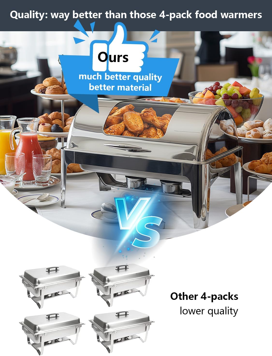 13QT Roll Top Chafing Dishes for Buffet: Catering Food Warmer for Parties, Birthday, Wedding, Christmas, 1 Full Size & 2 Half-Size & 3 1/3 Size Chafing Server Dish, 1 Water Pan-Glass Window - Image 4