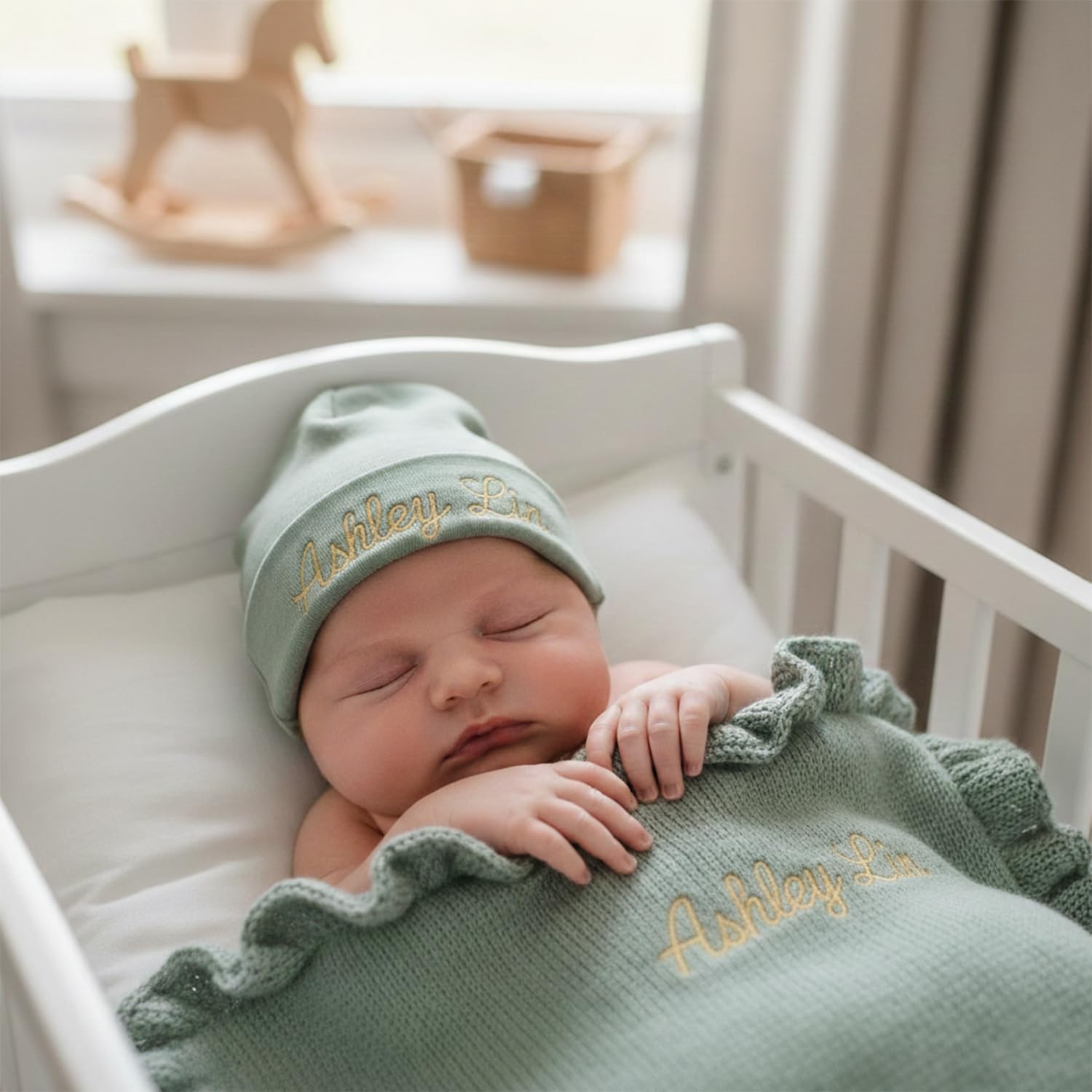 Custom Baby Blanket with Name, Knit Baby Blanket with Ruffle Edge, Personalized Soft Lightweight Swaddle for Newborn, Infant, Toddler, 3 Size Options - Image 5