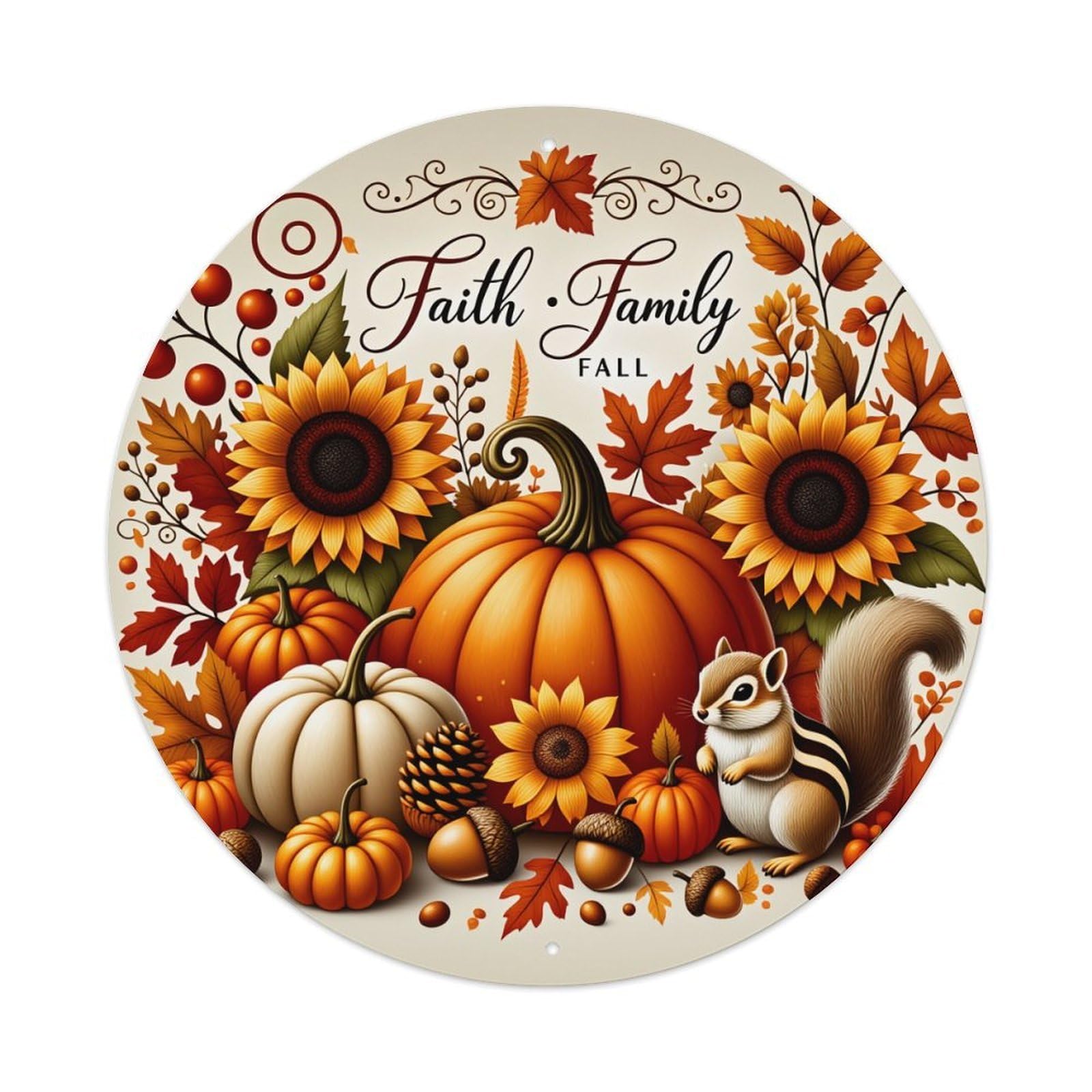 Faith Family Fall Pumpkin Squirrel Metal Tin Sign Vintage Garden Bedroom Cafe Bar Man Cave Home Wall Decor Metal Poster 8x8 inches