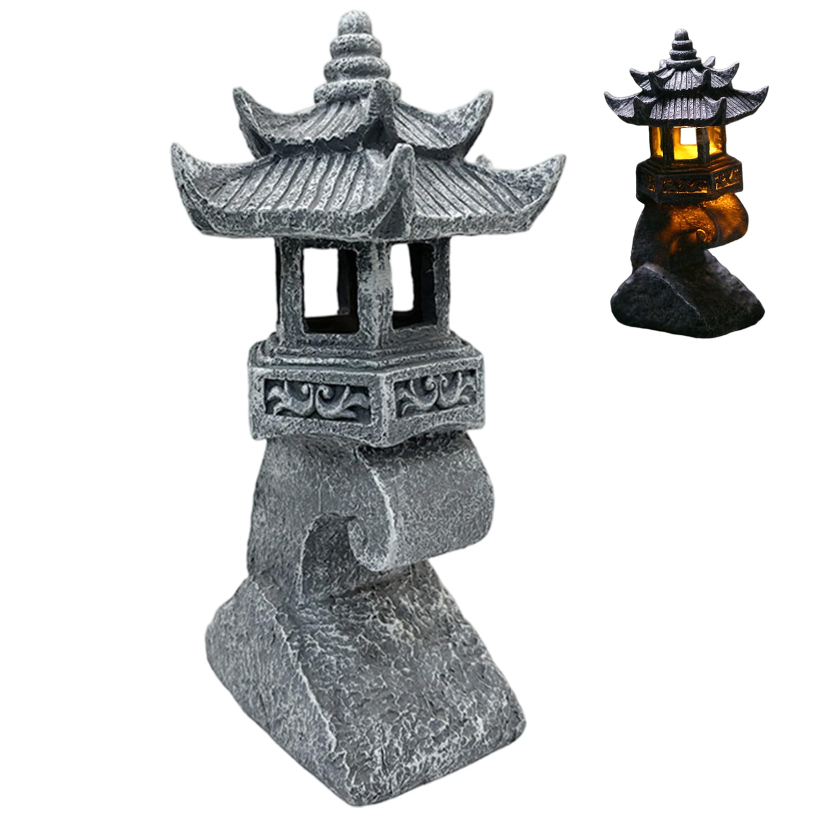Eyccier Japanese Pagoda Statues, Waterproof Resin Solar Pagoda Lantern, 4x6x13 inch Decorative Japanese Stone Lantern for Garden Yard Lawn Balcony Patio Porch.