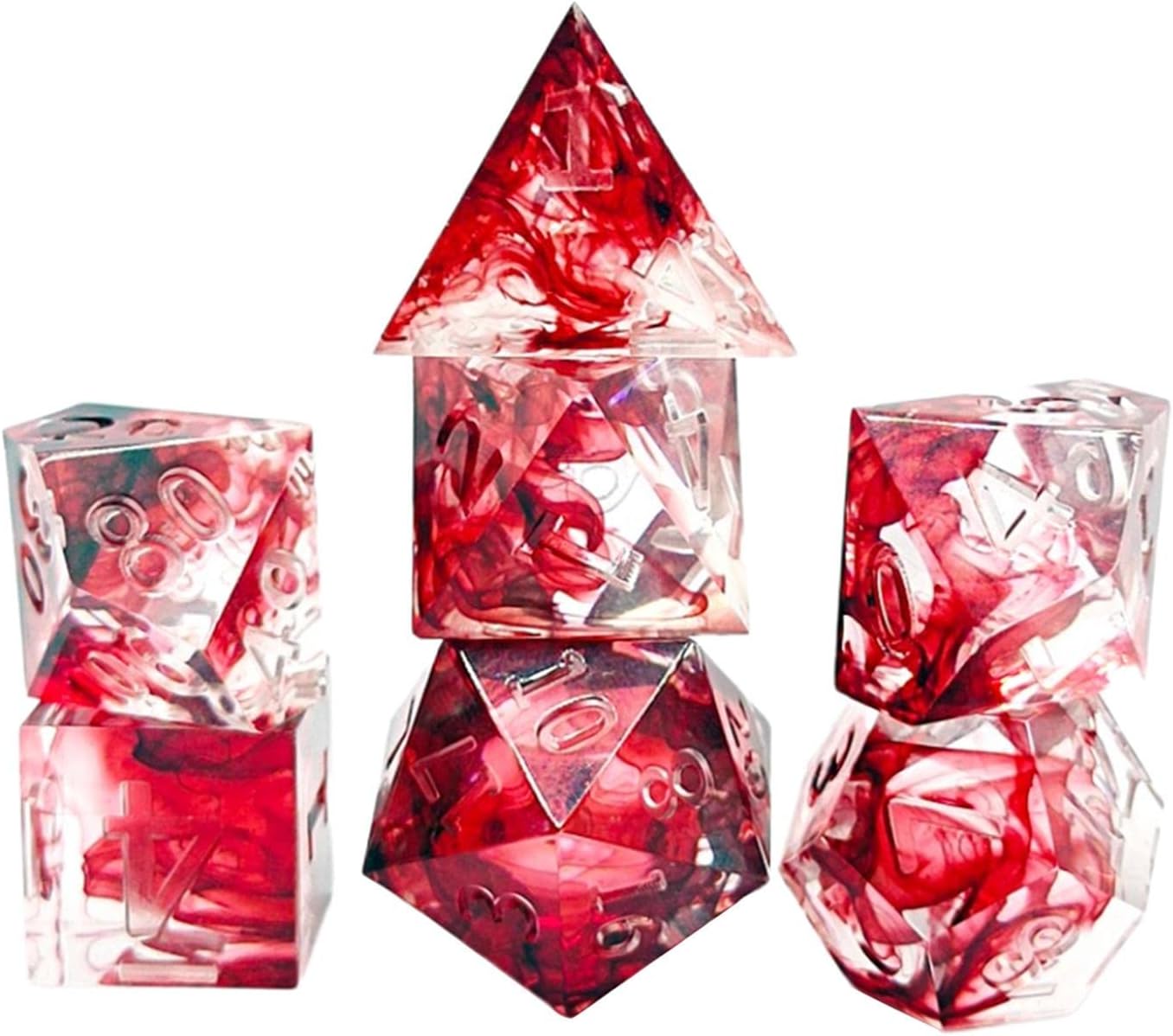 Pack of 7 Blood Effect Resin Polyhedral Dice Set for RPG Game - Red Floating Silk Dice with Clear Numbers for TRPG Lovers - Transparent Numbers
