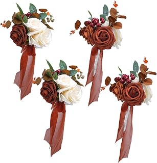 Brown Artificial Flowers Wedding Bouquets Set of 4 Mini Bridesmaid Bouquets Pre-Made Small Floral Rose Wedding Centerpieces Table Decorations
