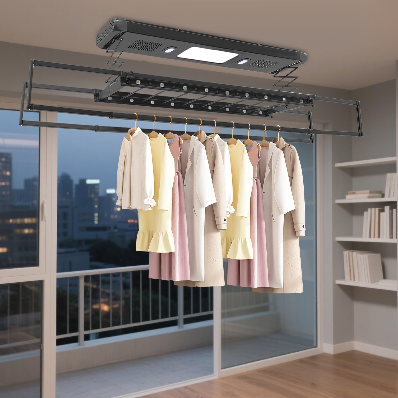 Stendibiancheria elettrico con telecomando, asciugacapelli a soffitto con illuminazione a LED, 2 ventilatori, funzione di sterilizzazione della luce blu, stendibiancheria da parete per balconi