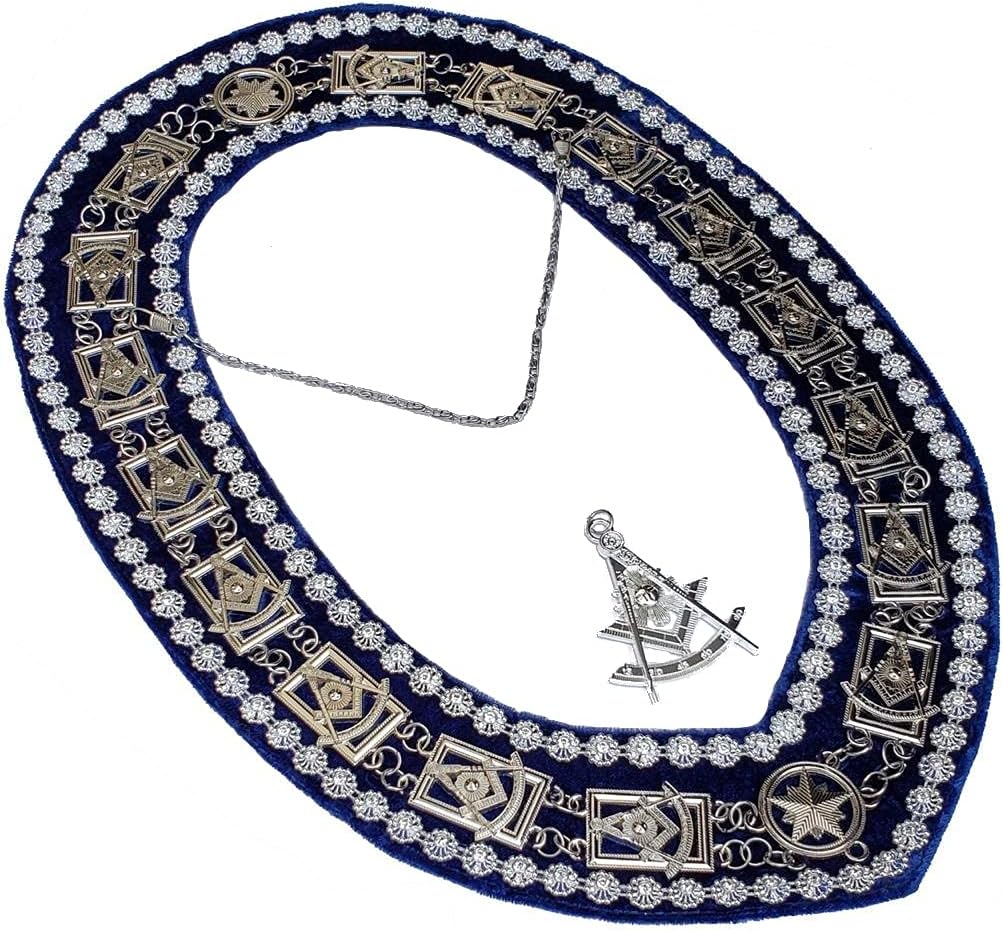 Past Master Masonic Silver Collar with JEWEL DELUXE RHINESTONE BLUE // Backing
