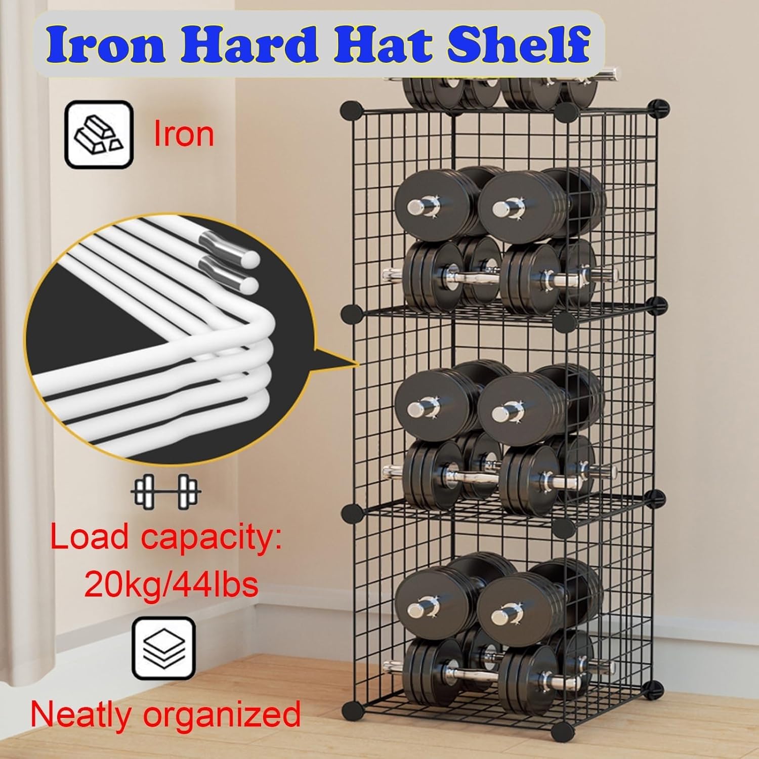 Large Adjustable Safety Helmet Storage Rack - Stackable Hard Hat Organizer with Wheels, Durable Iron Wire Frame for Workshop & Garage Helmet Display Shelf