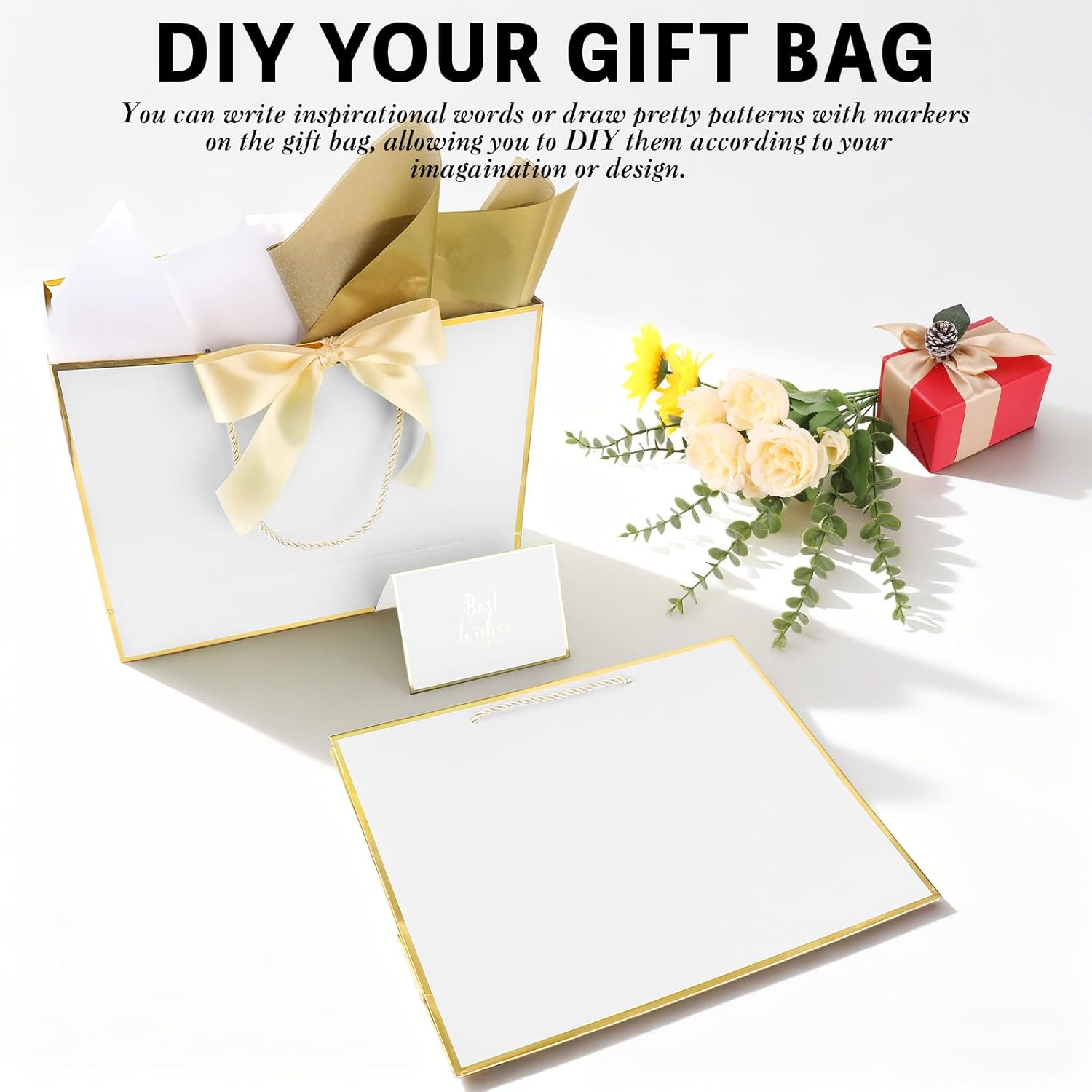 Addblu 12 Pack Large White Gift Bags with Handles, 12.6x10x4'' Includes 36 Tissue Papers, Bow Ribbon & Cards for Wedding, Birthday, Bridesmaid, Groomsmen, Valentine's Day, Easter (White and Gold, 12pcs) - Image 6