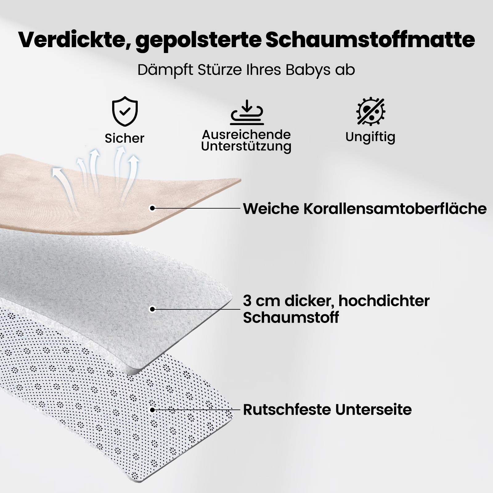 Krabbelmatte Baby 127×127cm, 3cm Dicke Schaumstoff Spielmatte, Ultraweiche Stütze und Plüschiges Gefühl Teppich Kinderzimmer, Pflegeleichte Krabbeldecke Baby mit Rutschfester Unterseite, Beige