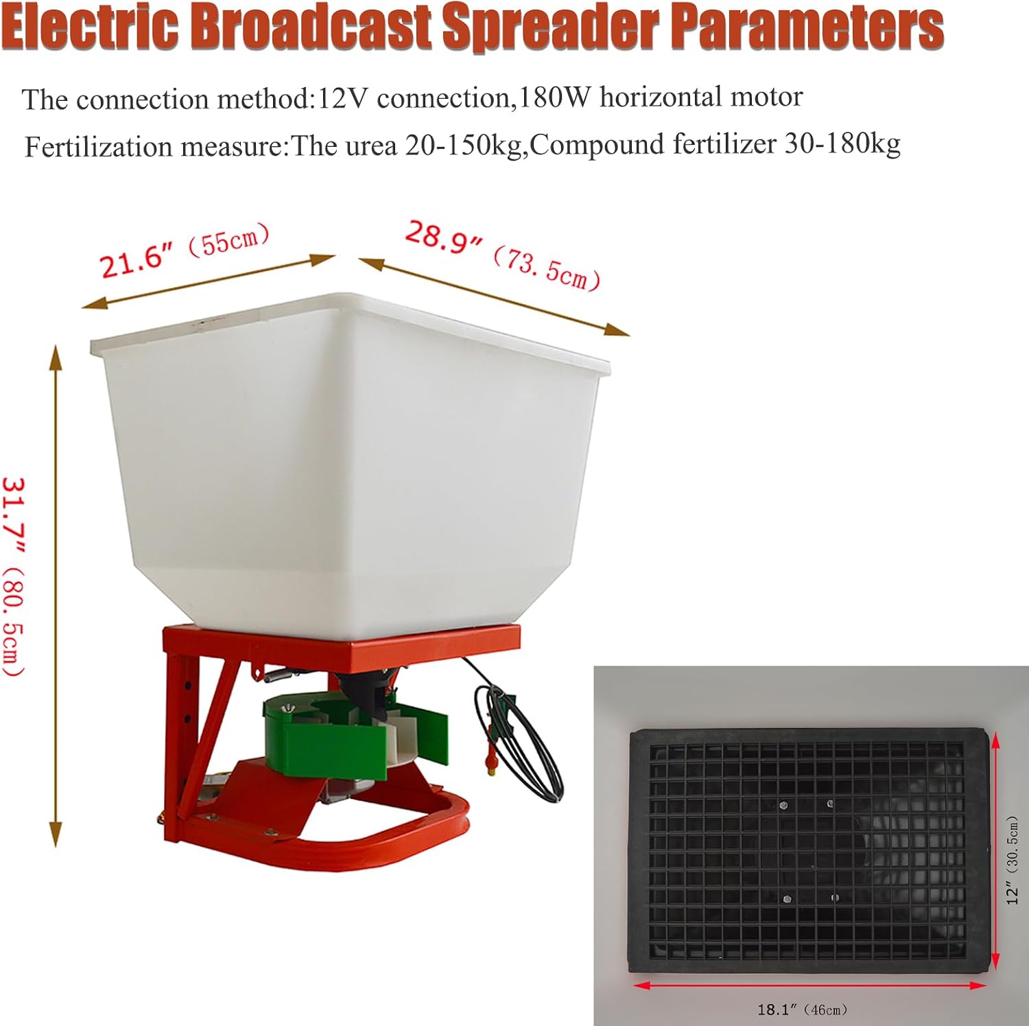 Seed Fertilizer Spreader Electric Broadcast Spreader ATV Tractor Front Electric Fertilizer Spreader Machine 265LB Capacity 21.5" 12-Volt 180W Horizontal Motor