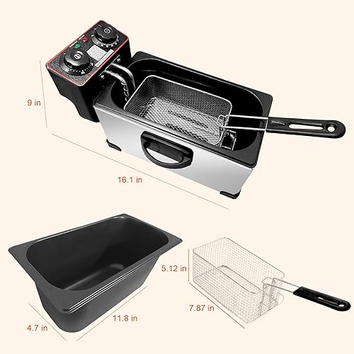 Miniatura 4 de Freidora de 3 litros con cesta para el hogar, freidora pequeña Yangbowan de 1300 W con control de temperatura, control de temporizador, tapa de