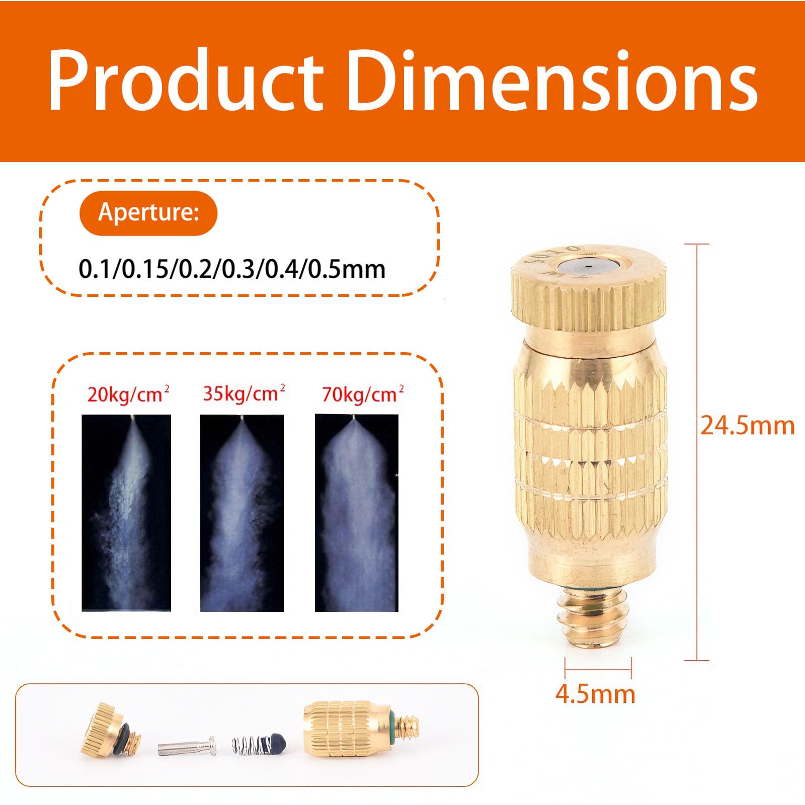 Kit de boquillas de nebulización de latón, 50 cabezales de pulverización atomizadores de baja presión para sistema de refrigeración al aire libre, diámetro de orificio de 0,4 mm, rociador de agua de