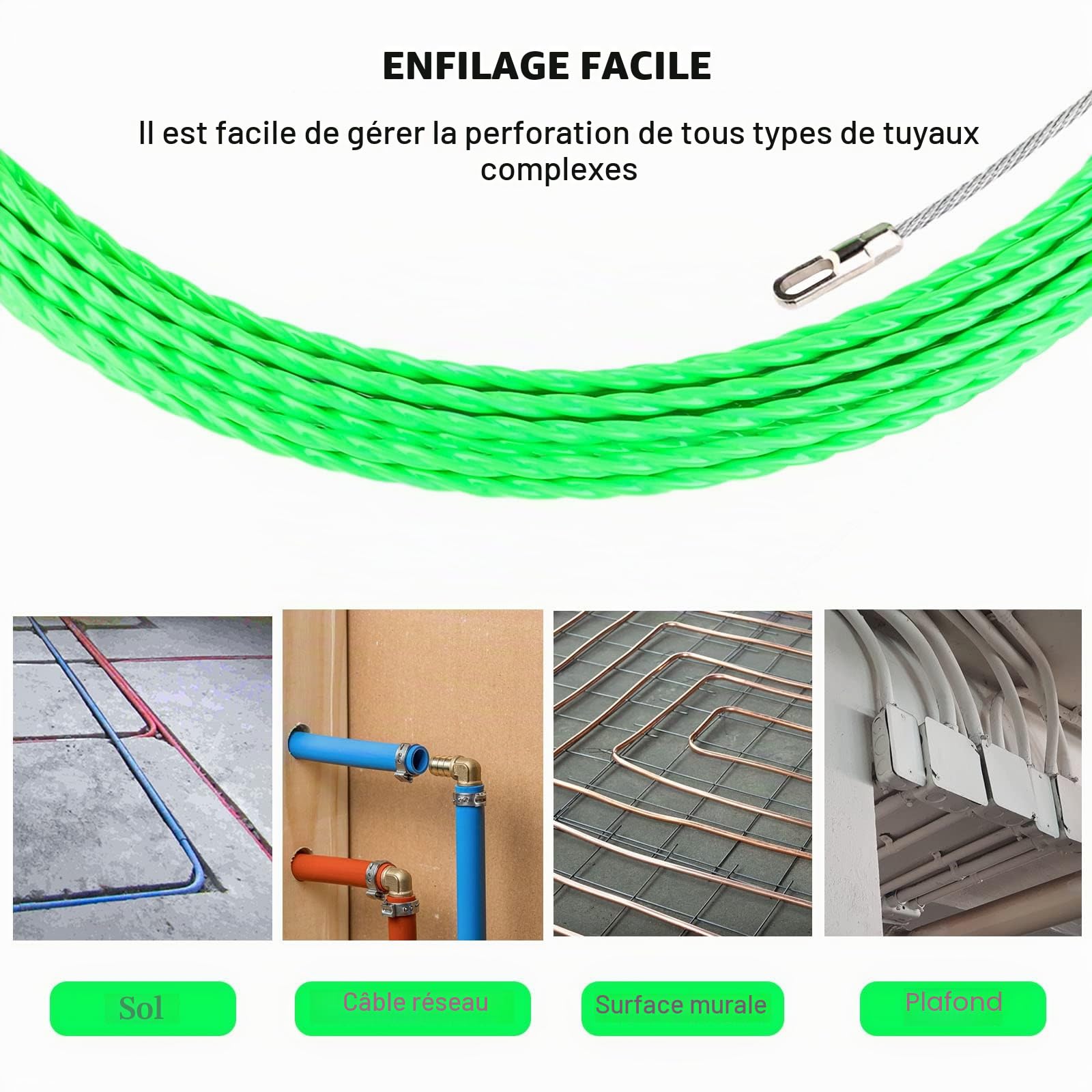 Vegena 40M Aiguille Electricien, Tire Fils Electrique Aiguille Tire Fil avec 2 Ressorts de Guidage, Tire Cable Electrique Diamètre 4 mm pour Pose Conduit de Sol