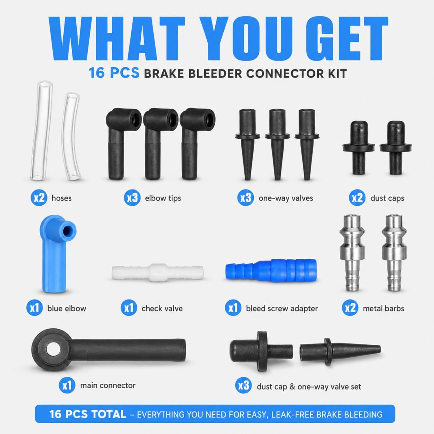 16 Pcs Universal Brake Bleeder Adapter Kit, One Way Check Valve Hose Connector Set for Brake Fluid Bleeding, Hydraulic Clutch Bleed Tool Accessories for Auto Motorcycle ATV