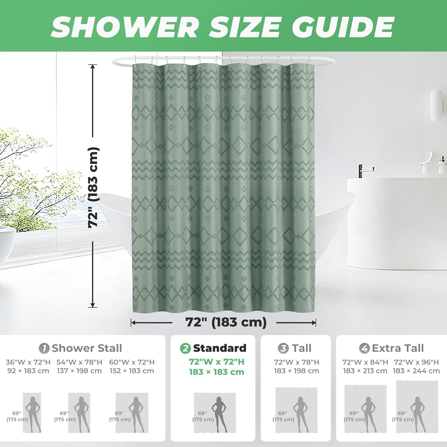 Seasonwood Sage Green Shower Curtain, Boho Woven Tufted Geometric Fabric Green Shower Curtain for Bathroom Modern Shabby Chic Textured Waterproof Farmhouse Cloth Shower Curtains, 72 x 72 Inches