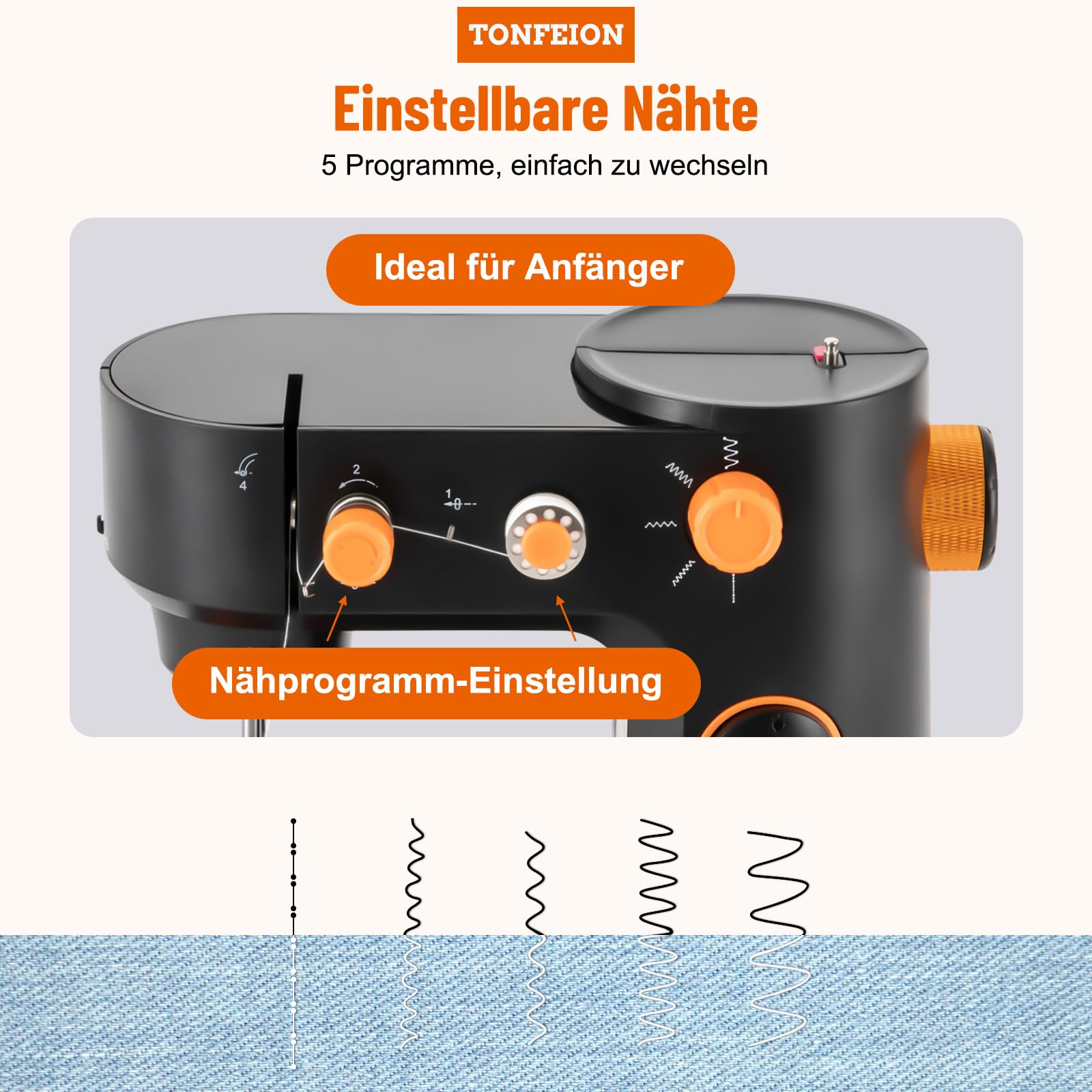 Machine à coudre avec 5 programmes de couture - Machine à coudre automatique à bras libre - Lumière LED - Machine à coudre pour débutants et personnes expérimentées - Noir
