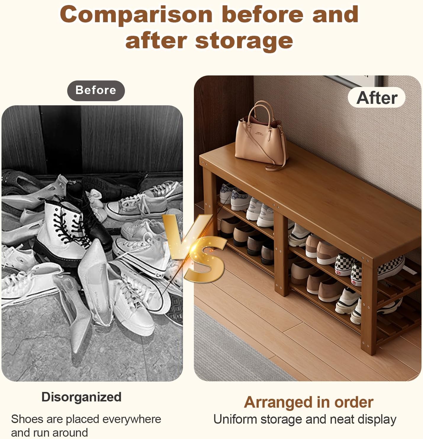 Bamboo Shoe Bench with Storage, 3 Tier Sturdy Shoe Rack Bench for Entryway, 220lb Capacity & Space-Saving, Modern Style for Hallway, Bedrooms, Living Rooms