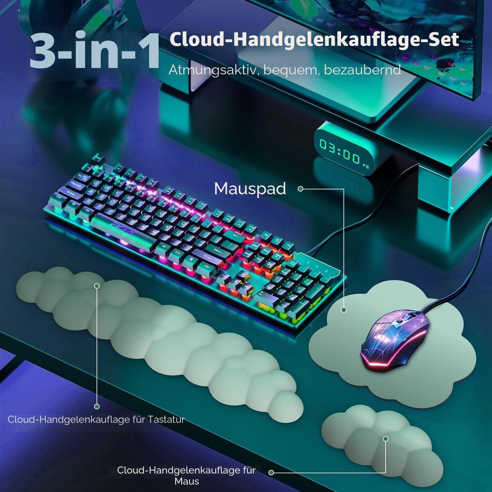 MoKo Wolke Handgelenkauflage, Ergonomisch Weich Cloud Handauflage Tastatur Maus Handballenauflage Set, Verbessertes Rutschfest PU Leder Mauspad für Büro Gaming Computer Laptop, Grün