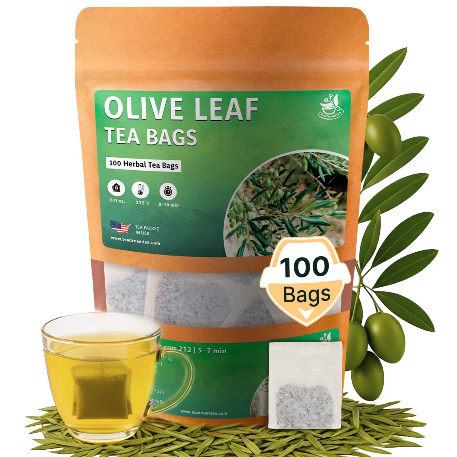 Olive Leaf Tea Bags – 100 Bags (Premium Dried Olive Leaf Tea - 100 Count), Natural Extract Caffeine-Free Herbal Tea for Health & Immune Support
