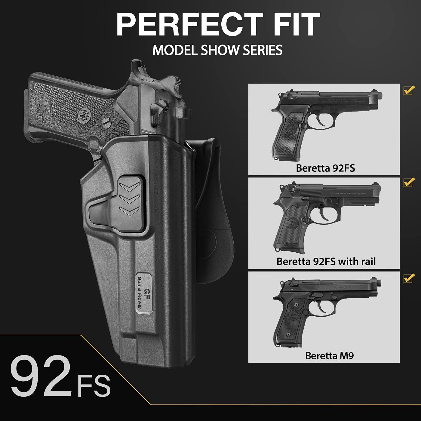 OWB Paddle Holster Compatible with Beretta 92 FS/Beretta M9(Not for A1/A3). Open Carry Holster for Outside Waistband, Index Finger Release System/360 Degrees Adjustable-Right Hand - Image 2